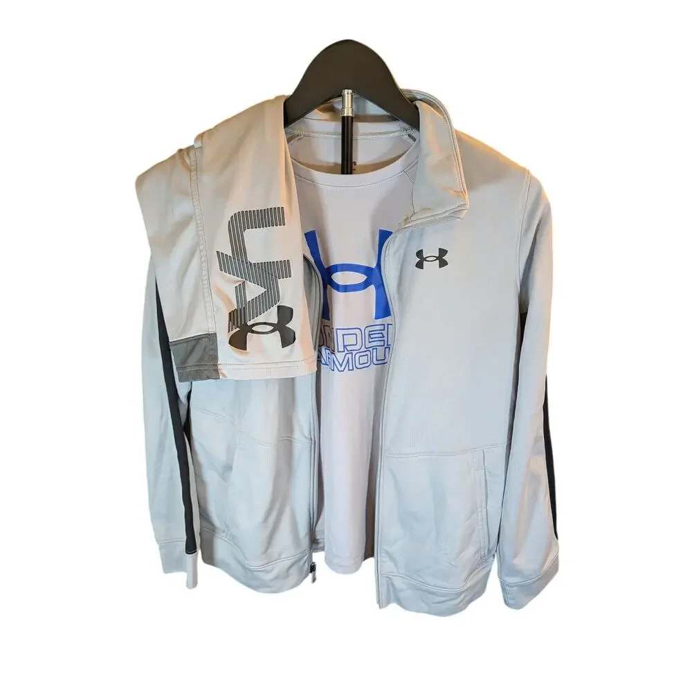 Under Armour Boys YLG 3 Pc Set Jacket Shorts Shirt Youth Large Gray Blue